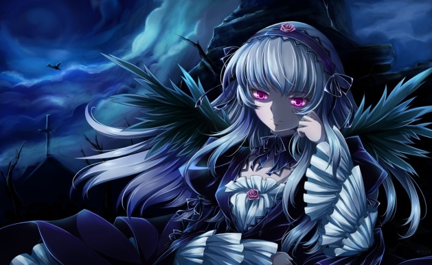Konachan.com - 85902 goth-loli gothic gray_hair lolita_fashion long_hair mtyy purple_eyes rozen_maiden suigintou wings